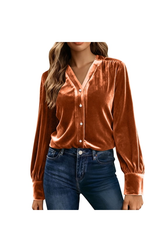 Women's Velvet Button Down Top - Long Sleeve V Neck Open Front Casual Work Blouse