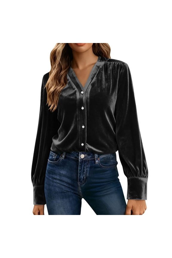 Women's Velvet Button Down Top - Long Sleeve V Neck Open Front Casual Work Blouse