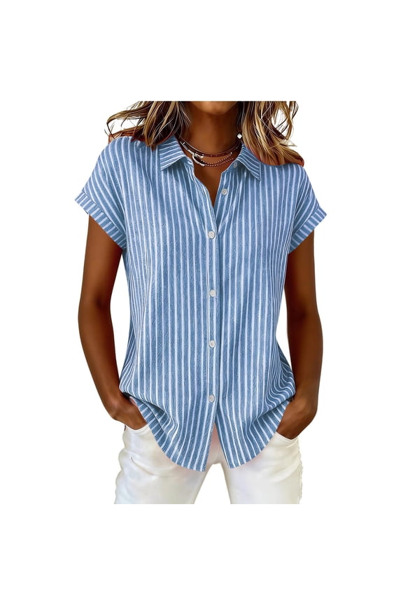 Women’s Vertical Striped Button-Down Shirt Rolled Cap Sleeve Collared Casual Blouse Summer Tops