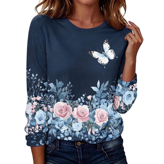 Perfectbot Women's Vintage Floral Print Crew Neck T-Shirt Long Sleeve Casual Boho Flower Tee Top