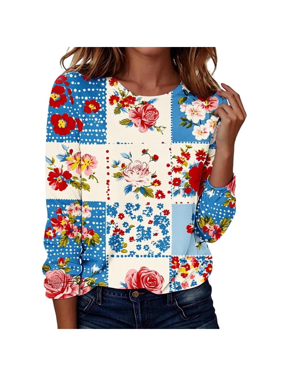 Women's Vintage Floral Print Crew Neck T-Shirt Long Sleeve Casual Boho Flower Tee Top
