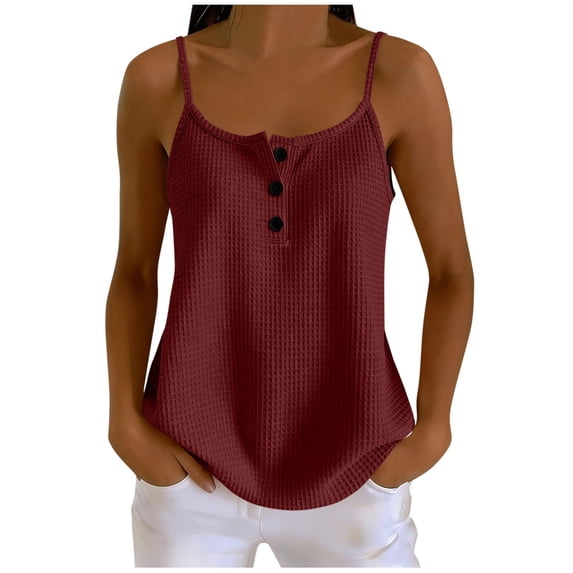 Perfectbot Women's Waffle Knit Cami Tank Top, Button Henley Spaghetti Strap Sleeveless Blouse for Casual Summer