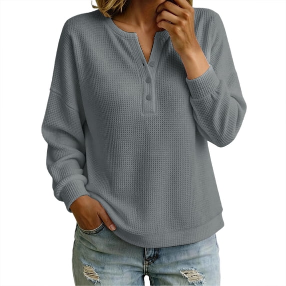 Perfectbot Women's Waffle Knit Henley Sweatshirt, Relaxed Fit Drop Shoulder Long Sleeve Ribbed Cuffs Top