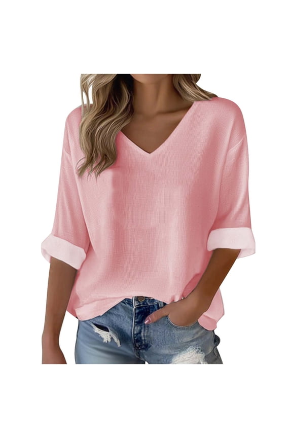 Women's Waffle Knit Tunic Blouse, V-Neck Roll-up Long Sleeve Loose Casual Top, S-5XL