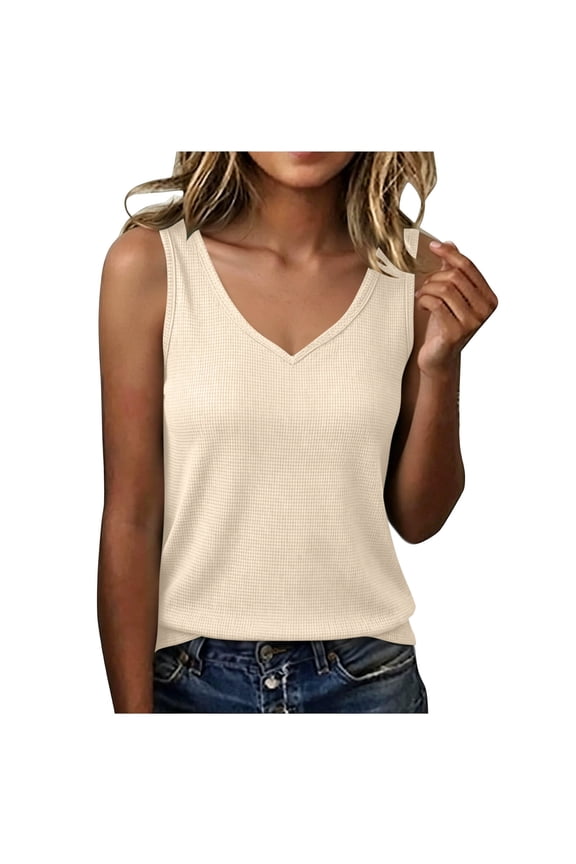 Women’s Waffle Knit V-Neck Tank Top, Casual Loose Fit Camisole, Basic Solid Color Tank Shirt
