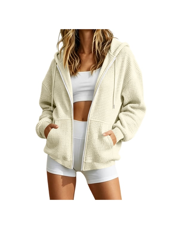 Women's Waffle Zip Up Hoodie Textured Knit Casual Long Sleeve Hooded Sweatshirt