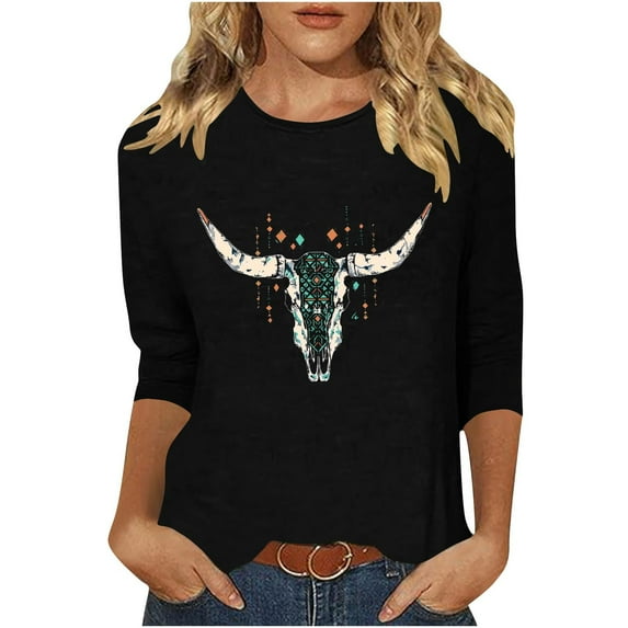 Perfectbot Women's Western 3/4 Sleeve Tees - Cow Skull Graphic Boho Blouses, Round Neck Tunic Tops