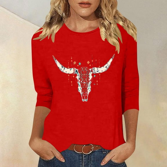 Perfectbot Women's Western 3/4 Sleeve Tees - Cow Skull Graphic Boho Blouses, Round Neck Tunic Tops