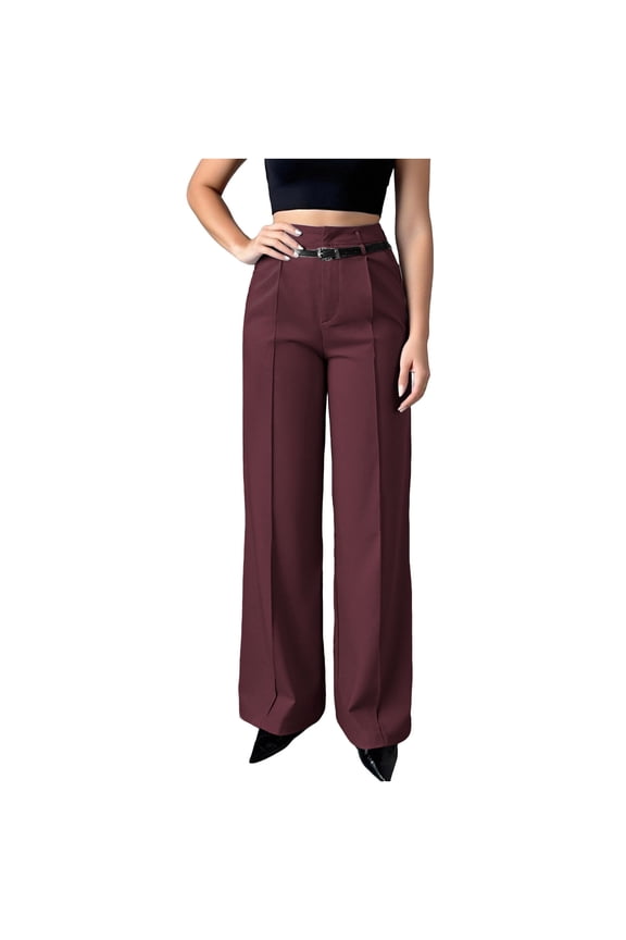 Women's Wide Leg Dress Pants - Pleated Barrel Office Trousers with Belted for Business Casual