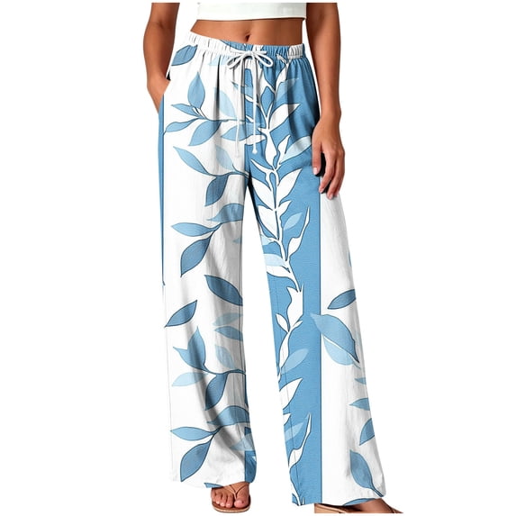 Perfectbot Women's Wide Leg Pants - Drawstring Summer Printed High Waisted Trousers for Casual & Home