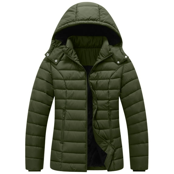 Perfectbot Women's Winter Jacket with Detachable Hood, Zipper Pockets Quilted Bubble Coat for Fall and Winter