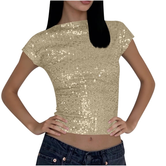 Perfectbot Women's Y2K Short Sleeve Sequin Tops Sparkle Sexy Crop Streetwear Cocktail Party Blouse