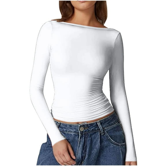 Perfectbot Womens Boat Neck Tops Crop Long Sleeves Slim Fit Shirt Basic Ruched Going Out Tee