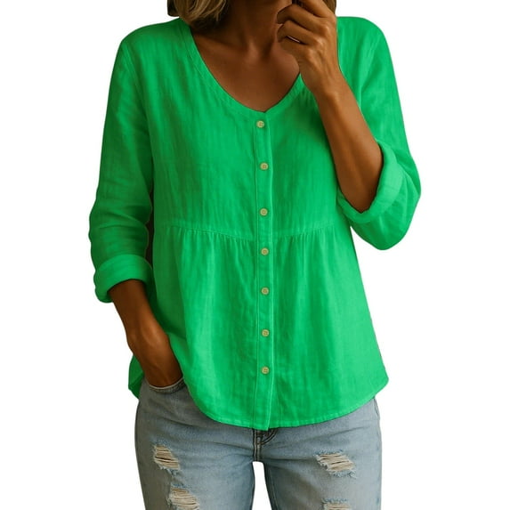 Perfectbot Womens Button Down Shirts Cotton Linen Ruched V Neck Tops Babydoll Loose Fit Blouse