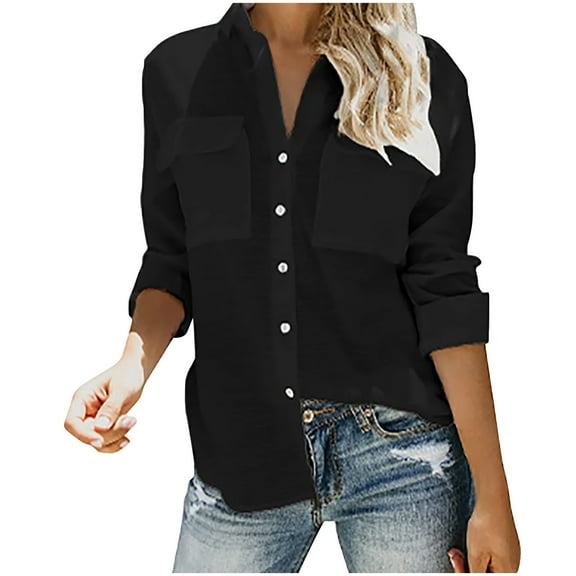 Perfectbot Womens Button Down Shirts Long Sleeve Linen V Neck Tops Loose Roll Up Work Blouse