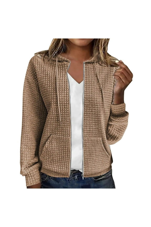 Womens Cardigans Full Zip Waffle Knit Open Front Hoodies Fall Warm Regular Fit Jacket