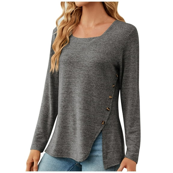 Perfectbot Womens Casual Blouses Long Sleeves Button Side Slit Top Square Neck Loose Tunic Shirt