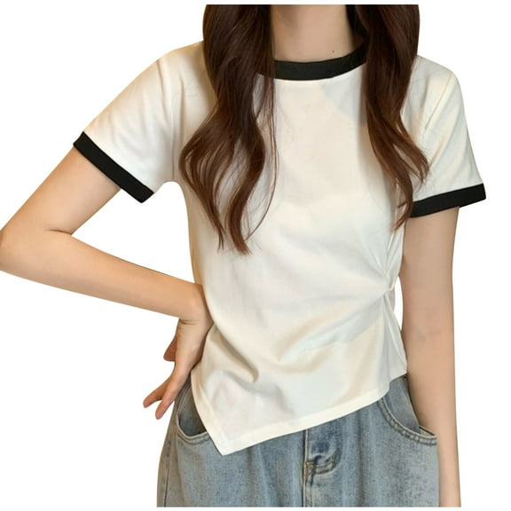 Perfectbot Womens Casual Crop Tops Round Neck Short Sleeves Asymmetric Hem Shirt Dressy Twist Side Blouse