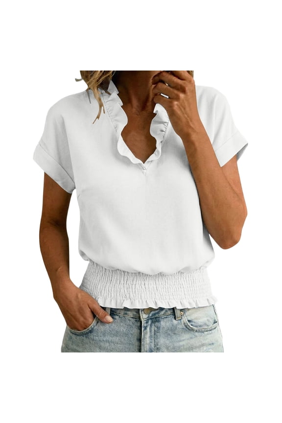 Womens Casual Short Sleeve Blouse, Ruffled V Neck & Elastic Smocked Waist Summer Top