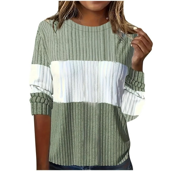 Perfectbot Womens Casual Sweaters Round Neck Long Sleeve Color Block Top Ribbed Knit Fall Blouse