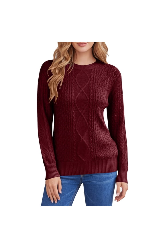 Womens Chunky Knit Sweater - Fall Winter Crew Neck Long Sleeve, Elegant Casual Loose Top