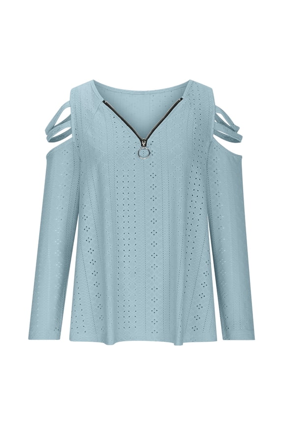 Womens Cold Shoulder Tops V Neck Eyelet Quarter Zip Blouses Fashion Casual Flowy Shirt