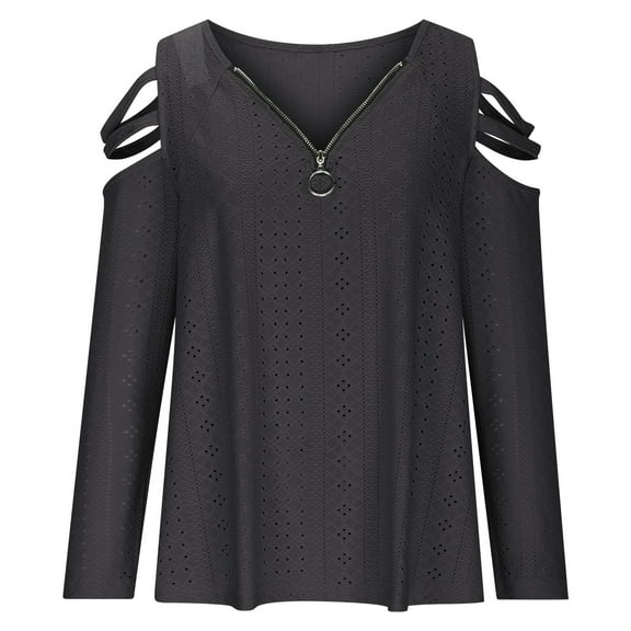 Perfectbot Womens Cold Shoulder Tops V Neck Eyelet Quarter Zip Blouses Fashion Casual Flowy Shirt