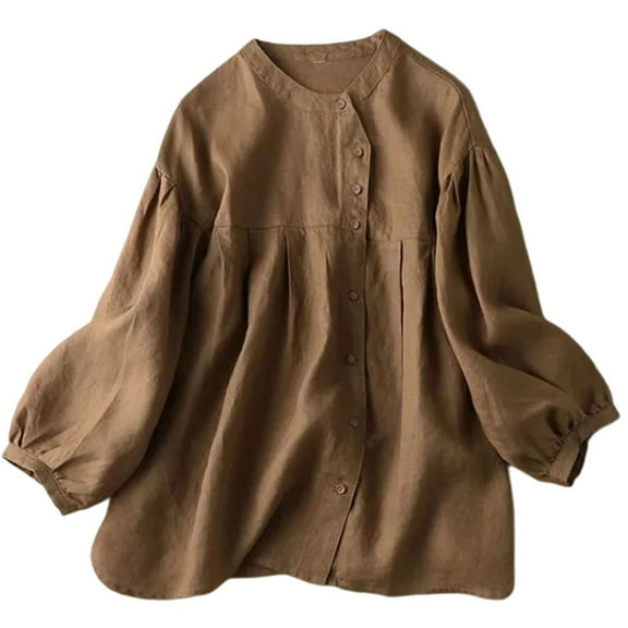 Perfectbot Womens Cotton Linen Blouses Long Sleeve Button Down Ruched Tops Casual Loose Fit Shirts
