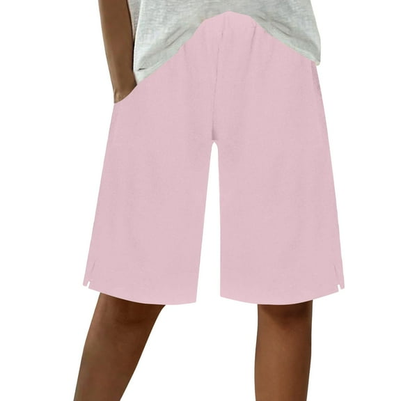 Perfectbot Womens Cotton Linen Wide Leg Bermuda Shorts Elastic Waist Knee Length Casual Beach Outfits