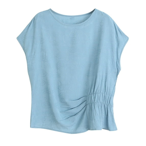 Perfectbot Womens Crewneck T Shirts Cap Sleeves Pleated Tops Summer Loose Fit Casual Blouse