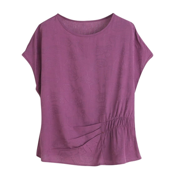 Perfectbot Womens Crewneck T Shirts Cap Sleeves Pleated Tops Summer Loose Fit Casual Blouse