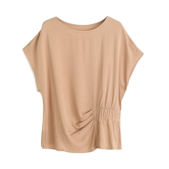 Perfectbot Womens Crewneck T Shirts Cap Sleeves Pleated Tops Summer Loose Fit Casual Blouse