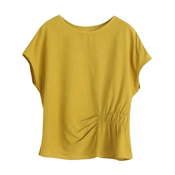 Perfectbot Womens Crewneck T Shirts Cap Sleeves Pleated Tops Summer Loose Fit Casual Blouse