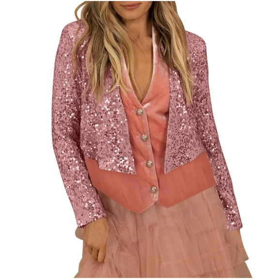 Perfectbot Womens Crop Cardigans Sequin Open Front Long Sleeve Glitter Blazer Shrugs for Dresses