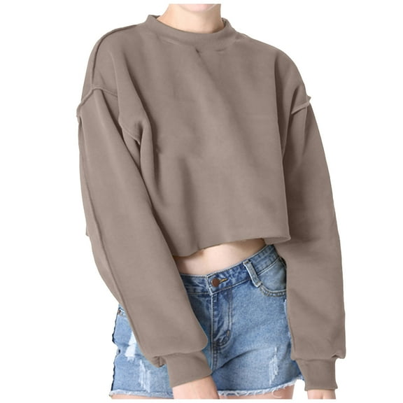 Perfectbot Womens Crop Sweatshirts Mock Neck Long Sleeves Exposed Seam Tops Plain Casual Fashion Blouse
