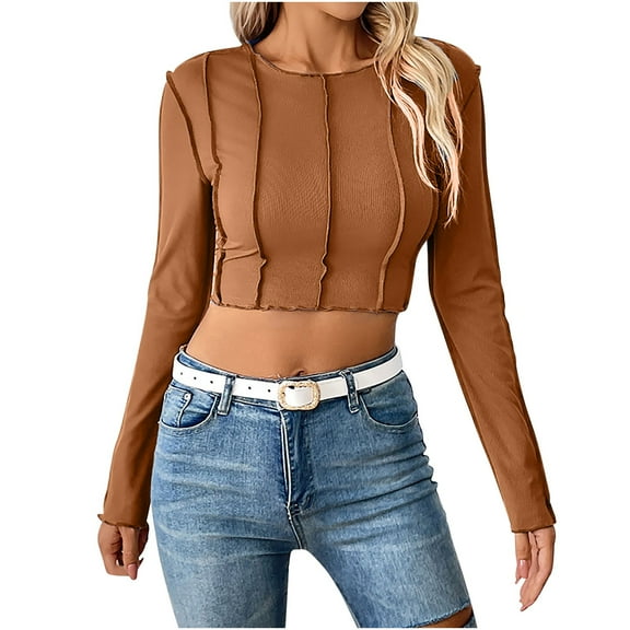 Perfectbot Womens Crop Tops Long Sleeves Exposed Seams Ribbed Shirts Crew Neck Summer Fashion Blouse