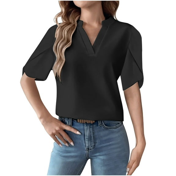 Perfectbot Womens Dressy Casual Shirts V Neck Short Sleeve Top Bussiness Office Chiffon Blouse