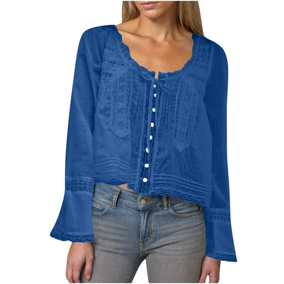 Perfectbot Womens Dressy Shirts Floral Long Sleeve Tie Knot Button Up Tops Scoop Neck Crop Elegant Blouse