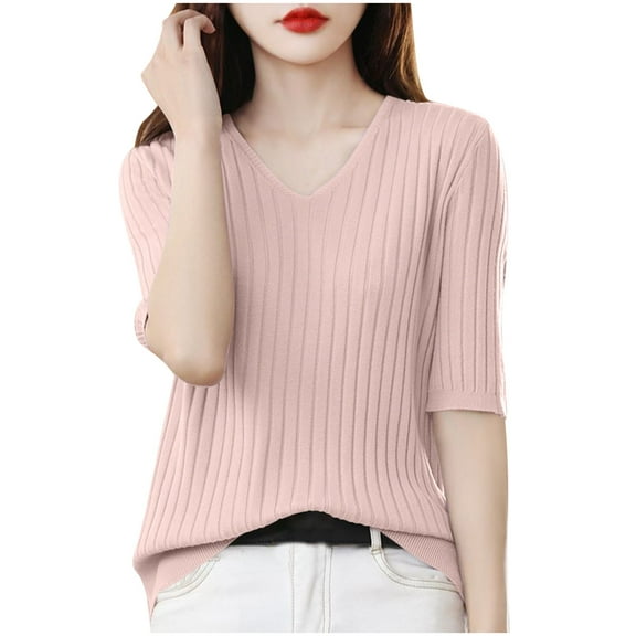 Perfectbot Womens Dressy Shirts Ribbed Knit V Neck Cute Tops Half Sleeve Summer Fall Blouse