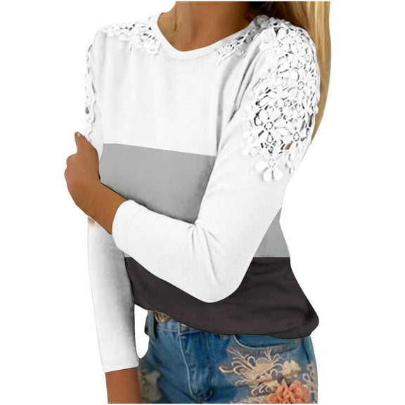 Perfectbot Womens Dressy T Shirts Crewneck Hollow Out Lace Casual Tops Color Block Fall Blouse