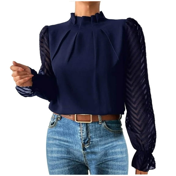 Perfectbot Womens Dressy Tops Mesh Long Sleeves Pleated Mock Neck Blouse Bussiness Work Elegant Shirts