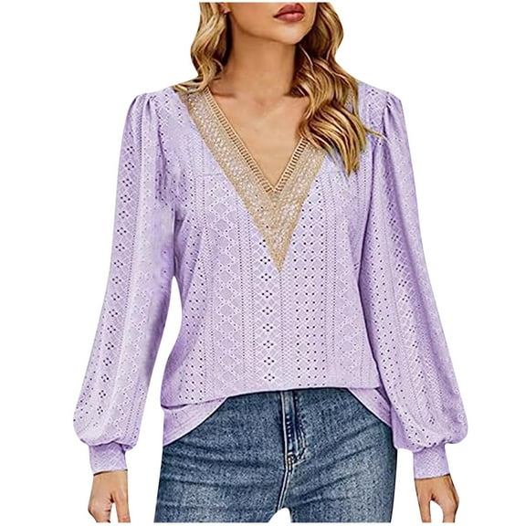 Perfectbot Womens Dressy Tops V Neck Puff Sleeve Eyelet Tunic Blouse Patchwork Lace Elegant Shirts