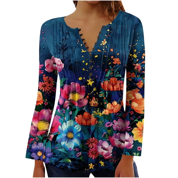 Perfectbot Womens Fall Blouses Button V Neck Fashion Printed Tops Long Sleeve Tunic Shirts
