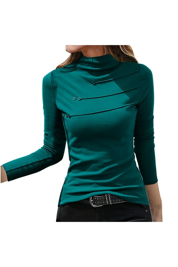 Womens Fall Blouses Long Sleeves Mock Neck Fuzzy Tops Button Decor Fitted Dressy Shirts