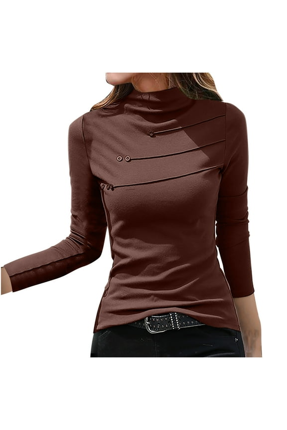 Womens Fall Blouses Long Sleeves Mock Neck Fuzzy Tops Button Decor Fitted Dressy Shirts