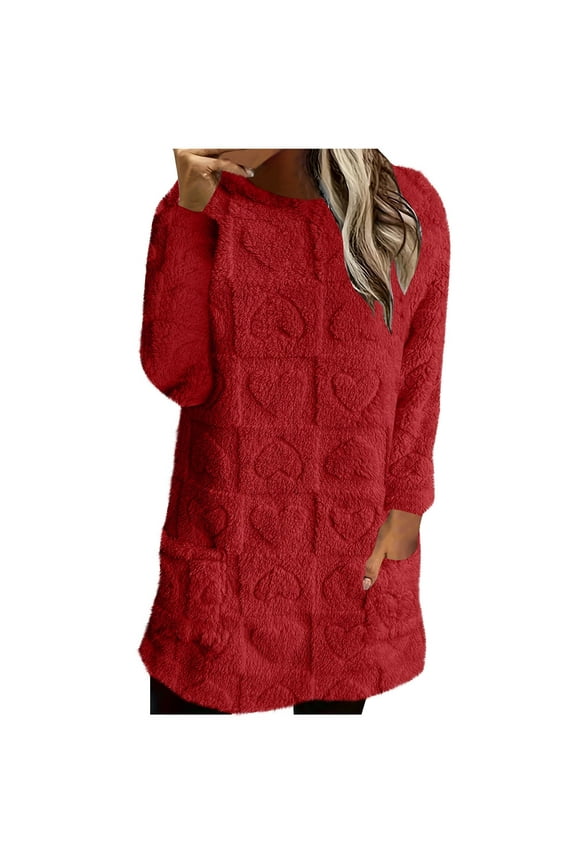 Womens Fall Tops Fleece Pullover Tunic Textured Fuzzy Blouse Winter Thermal Clothes