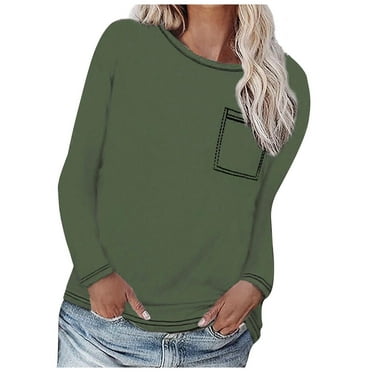 Perfectbot Womens Fall Tops Long Sleeves Round Neck Shirt with Pocket Plain Basic Casual Blouse