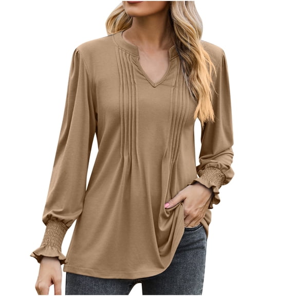 Perfectbot Womens Fashion Blouses Pleated V Neck Flowy Tunic Tops Fall Trendy Loose Fit Shirts