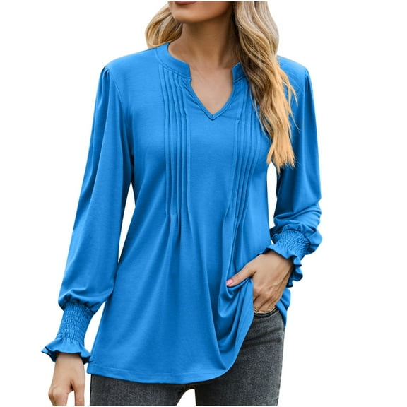 Perfectbot Womens Fashion Blouses Pleated V Neck Flowy Tunic Tops Fall Trendy Loose Fit Shirts