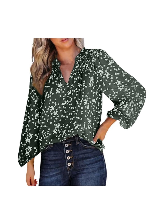 Womens Fashion Blouses Printed V Neck Ruched Tops Casual Puff Long Sleeve Loose Shirts